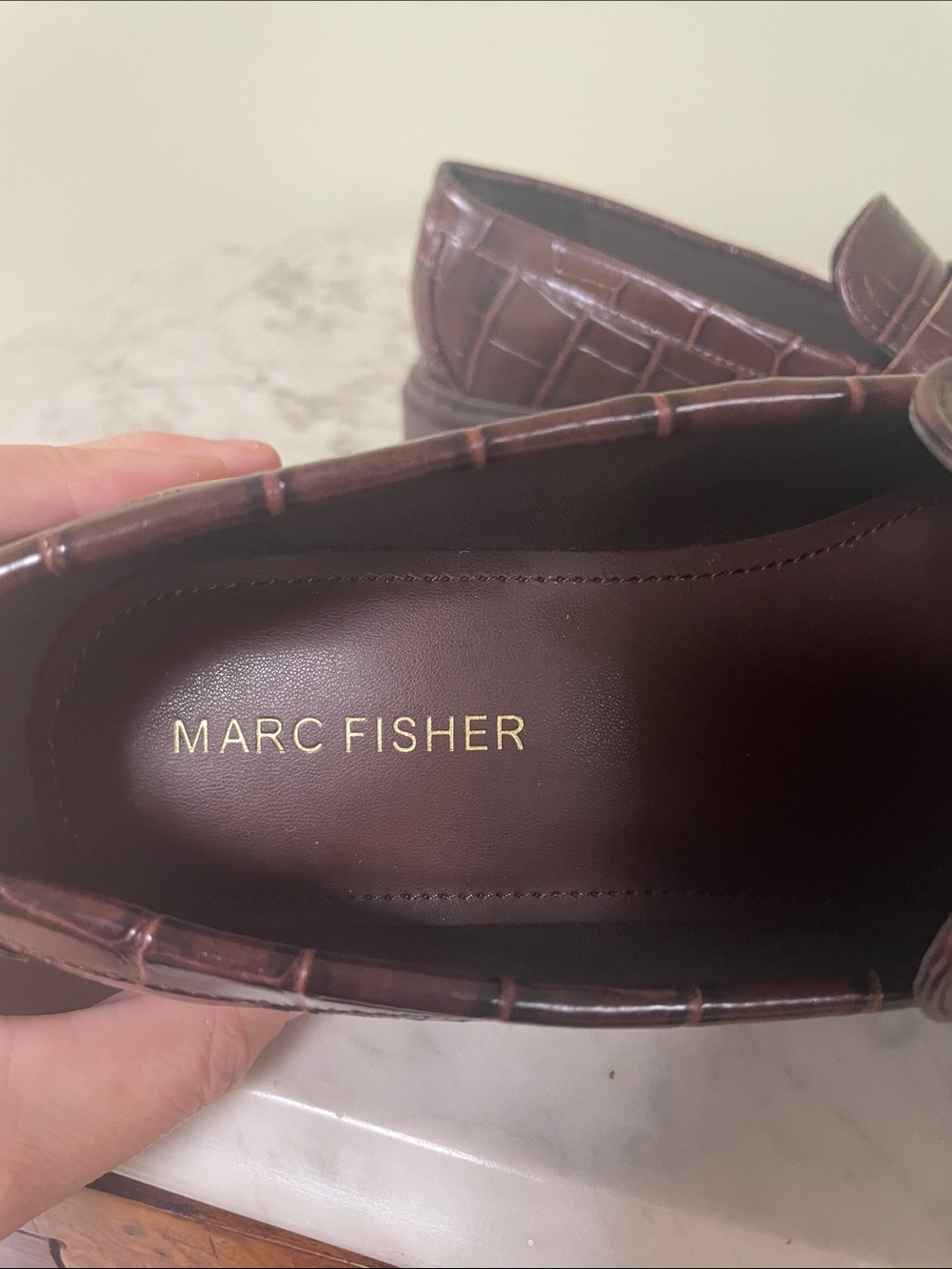 Marc Fisher Croc-Embossed Platform Penny Loafers in Brown - Picture 2 of 9